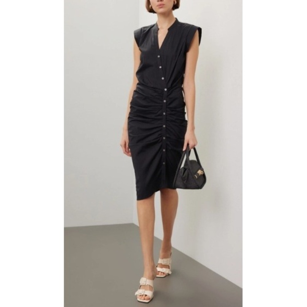 Veronica Beard Dress Black Ruched Button Front Cotton Midi Dress 4 Shirt Dress
